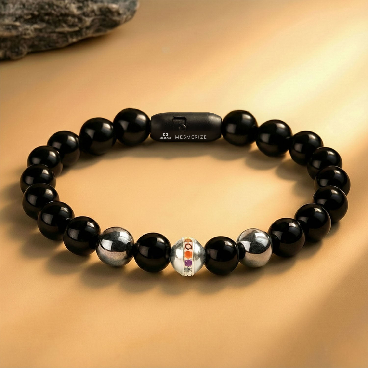 925 Sterling Silver 7 Chakra And Hematite Natural Stone Bracelet With MagSnap2