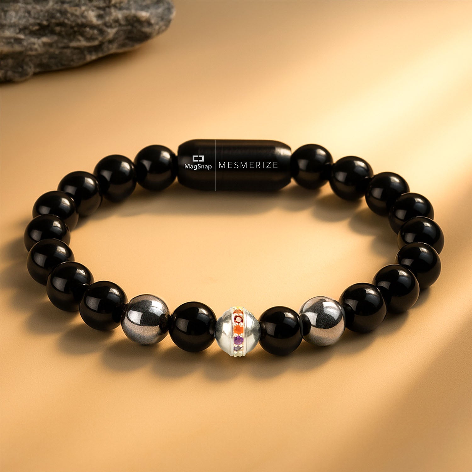 925 Sterling Silver 7 Chakra And Hematite Natural Stone Bracelet With MagSnap2