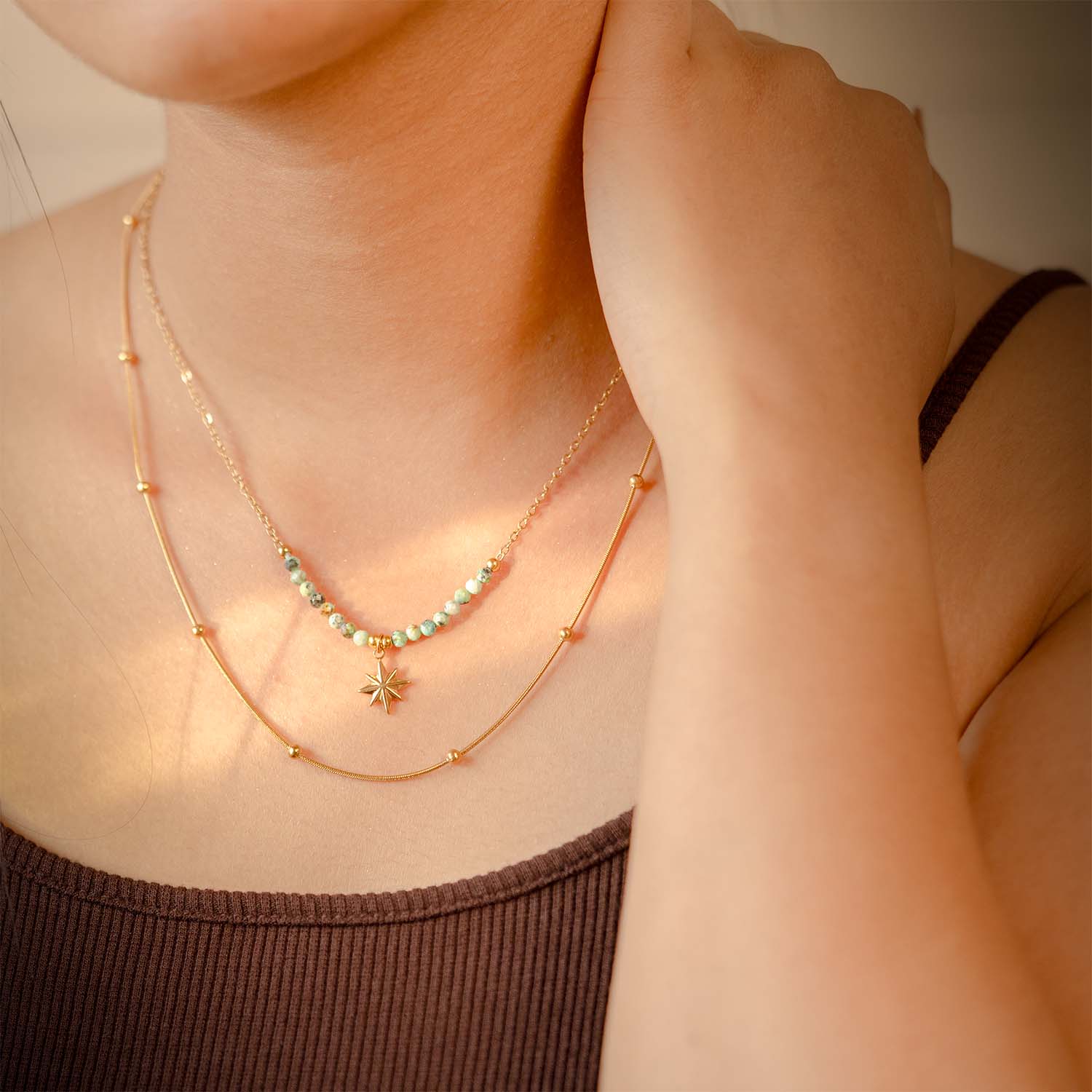 Astra Multi-Layer Gold Star Necklace with Turquoise Beads