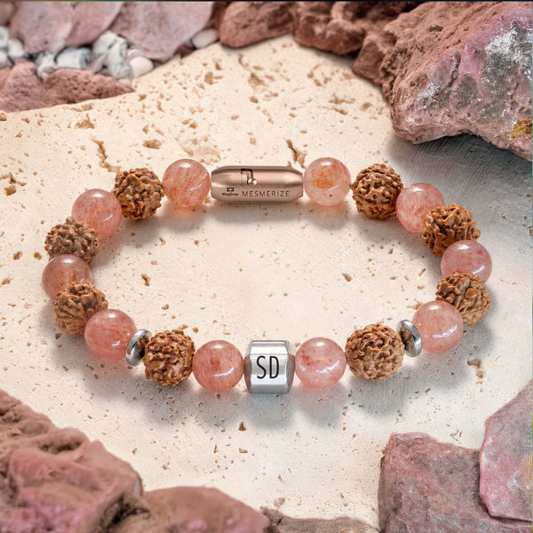 Personalised Serenity Strawberry Quartz & Rudraksh Bracelet with Magsnap2