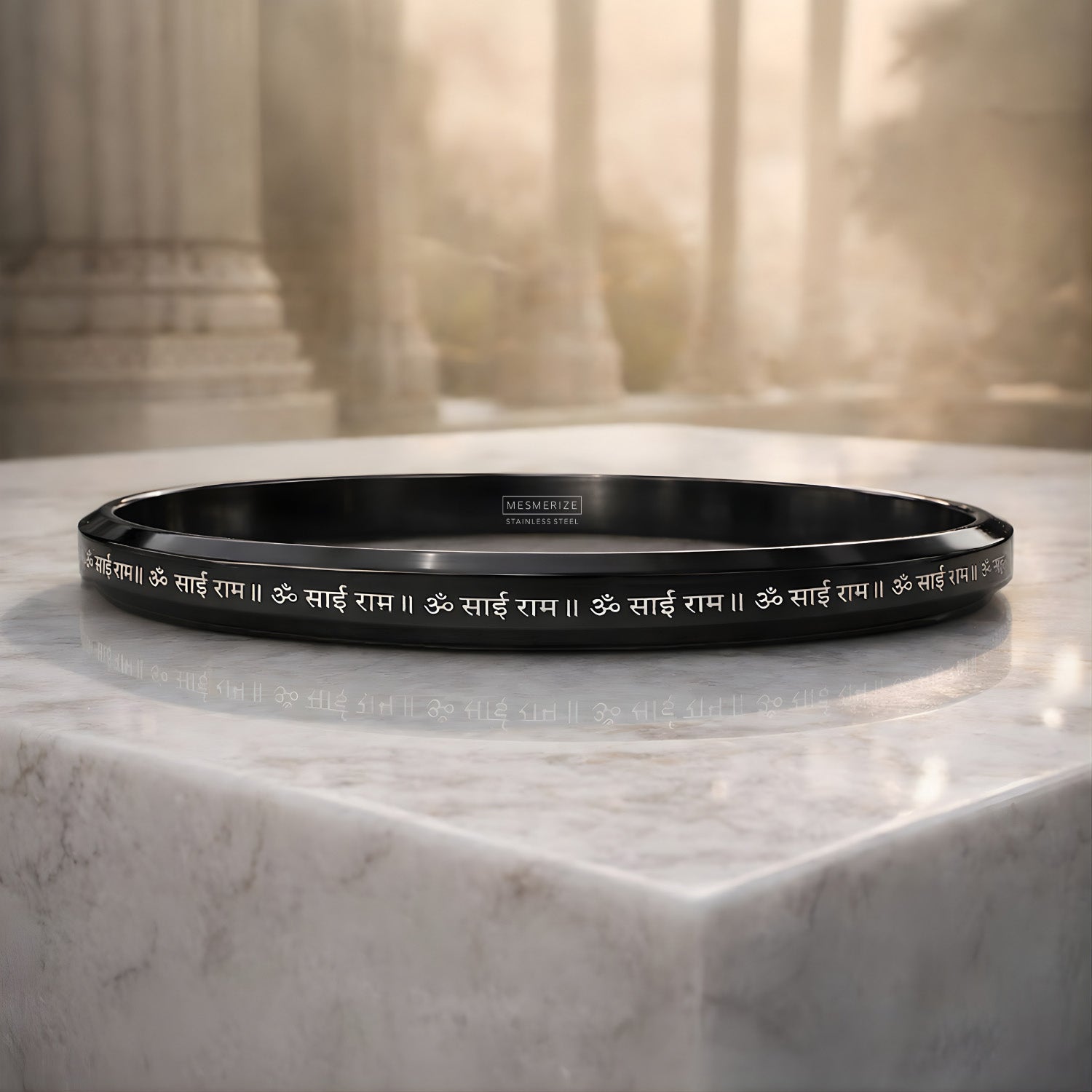 Om Sai Ram MicroCarved Round Flat Kada Black