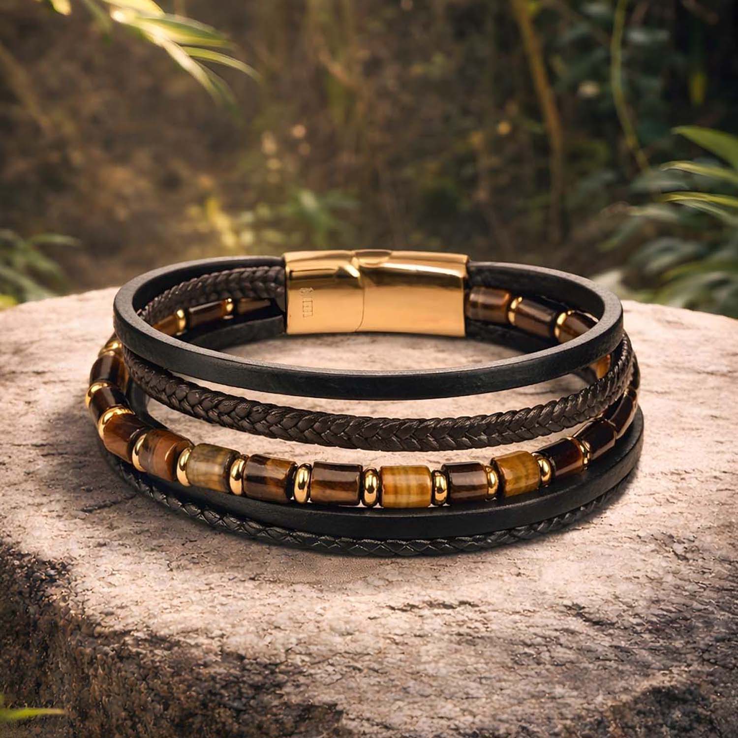 Courageous Tiger Eye Barrel Bead NeoLeather Bracelet With MagSlide