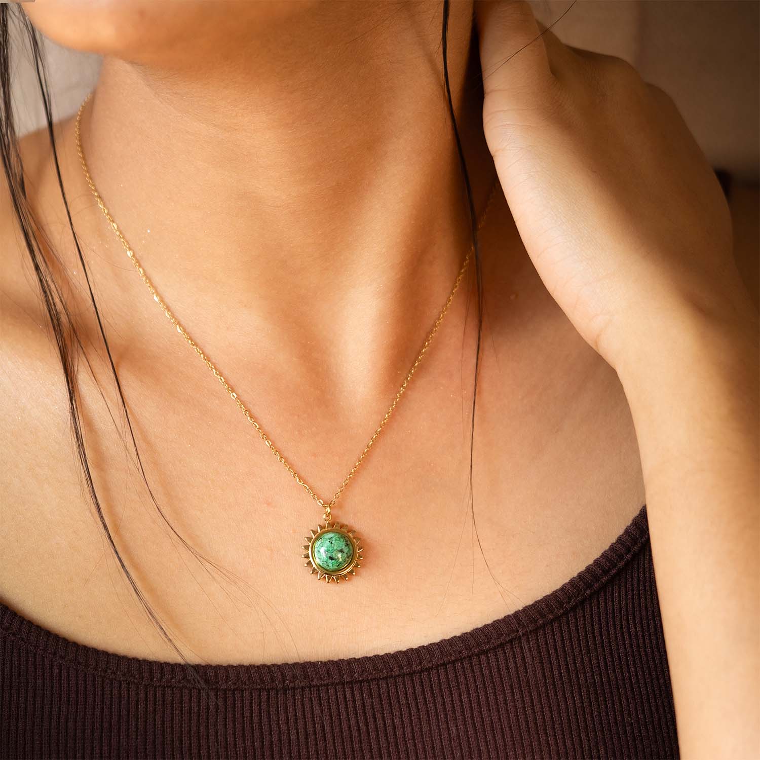 Dahlia Seafoam Gold Charm Necklace With Emerald Stone