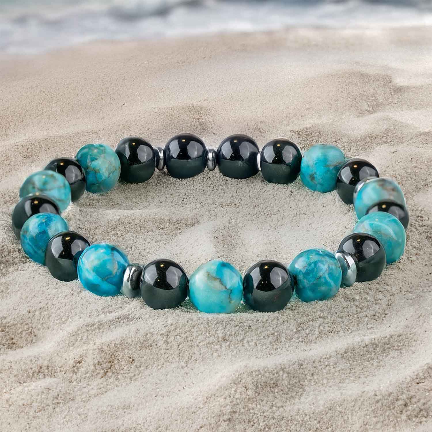 Harmonic African Turquoise & Black Obsidian Natural Stone Elastic Bracelet