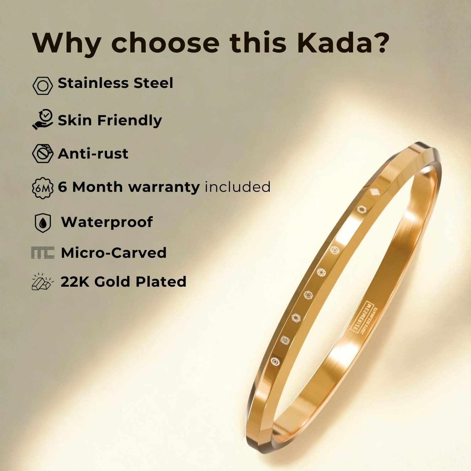 9 Chakra MicroCarved Round Kada Gold