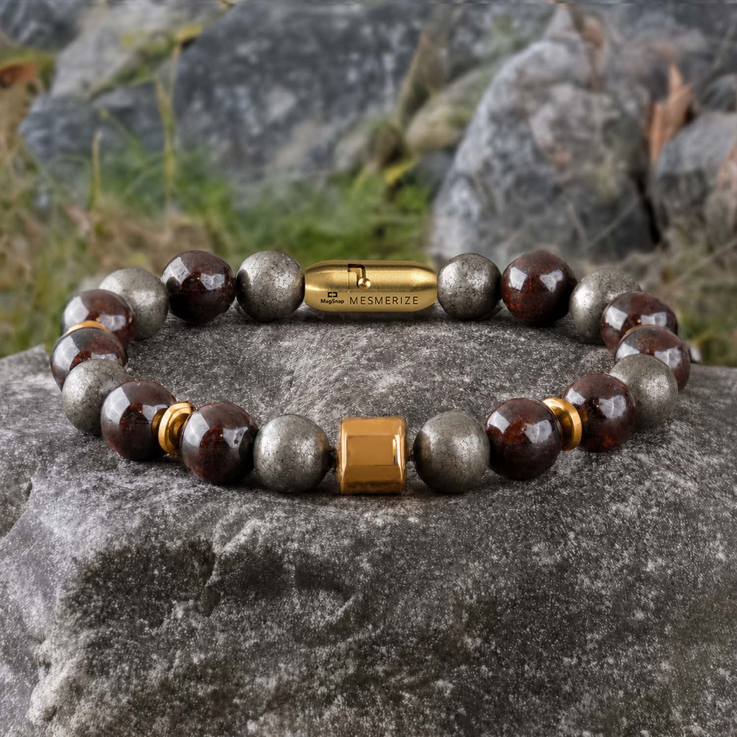 Non-Personalised Abundance Magnet Garnet & Pyrite Natural Stone Bracelet with Magsnap 2