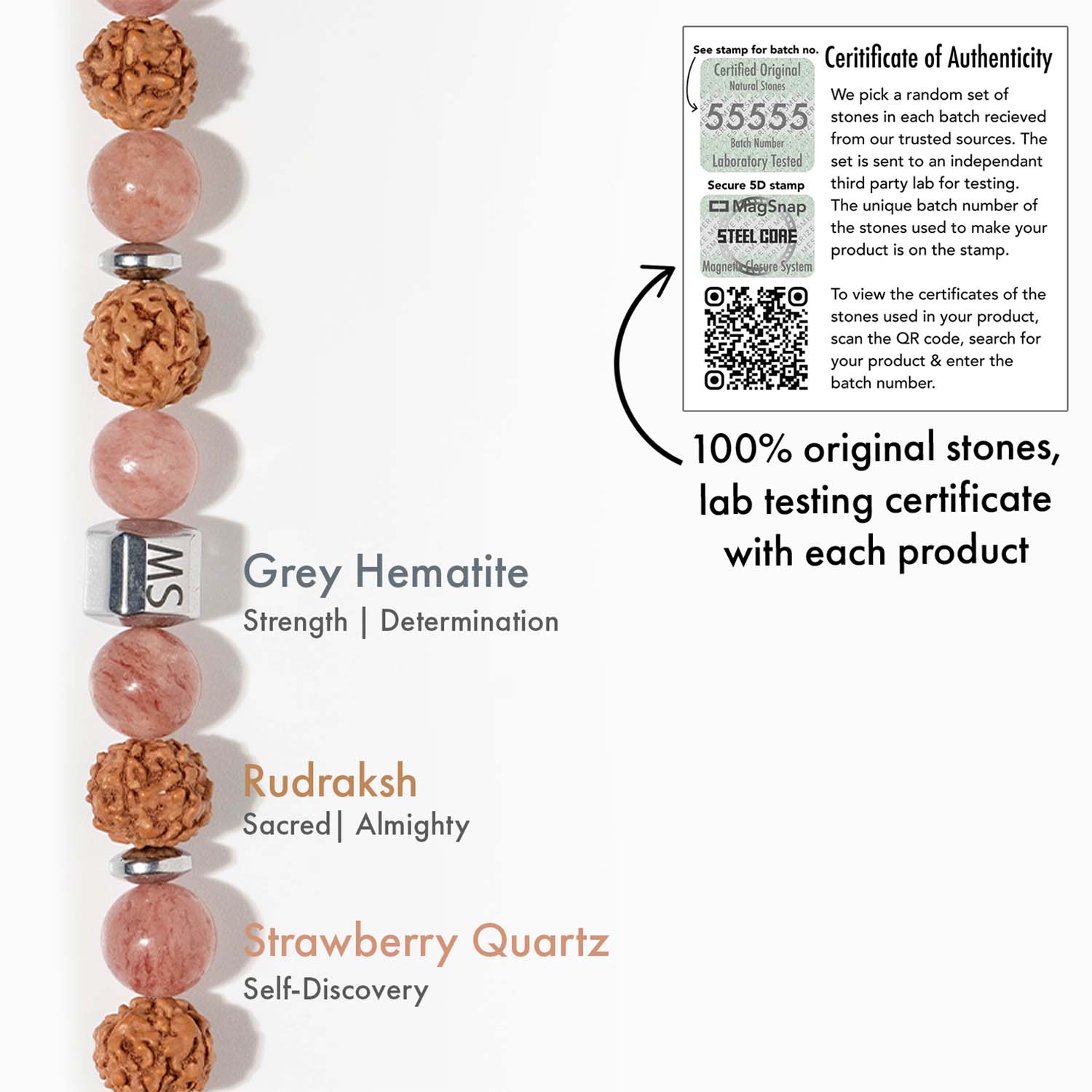 Personalised Serenity Strawberry Quartz & Stealth Gloss Onyx Natural Stone Couple Bracelets with Magsnap 2