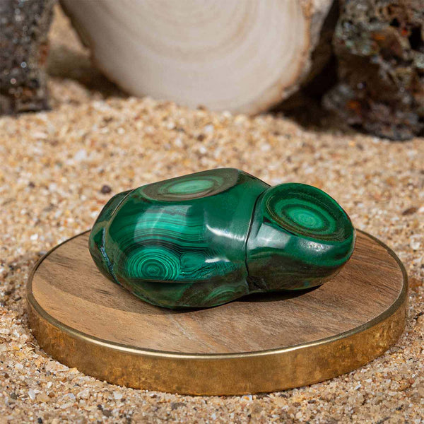 Prosperity Polished Malachite Raw Stone With Mango Wood Coaster