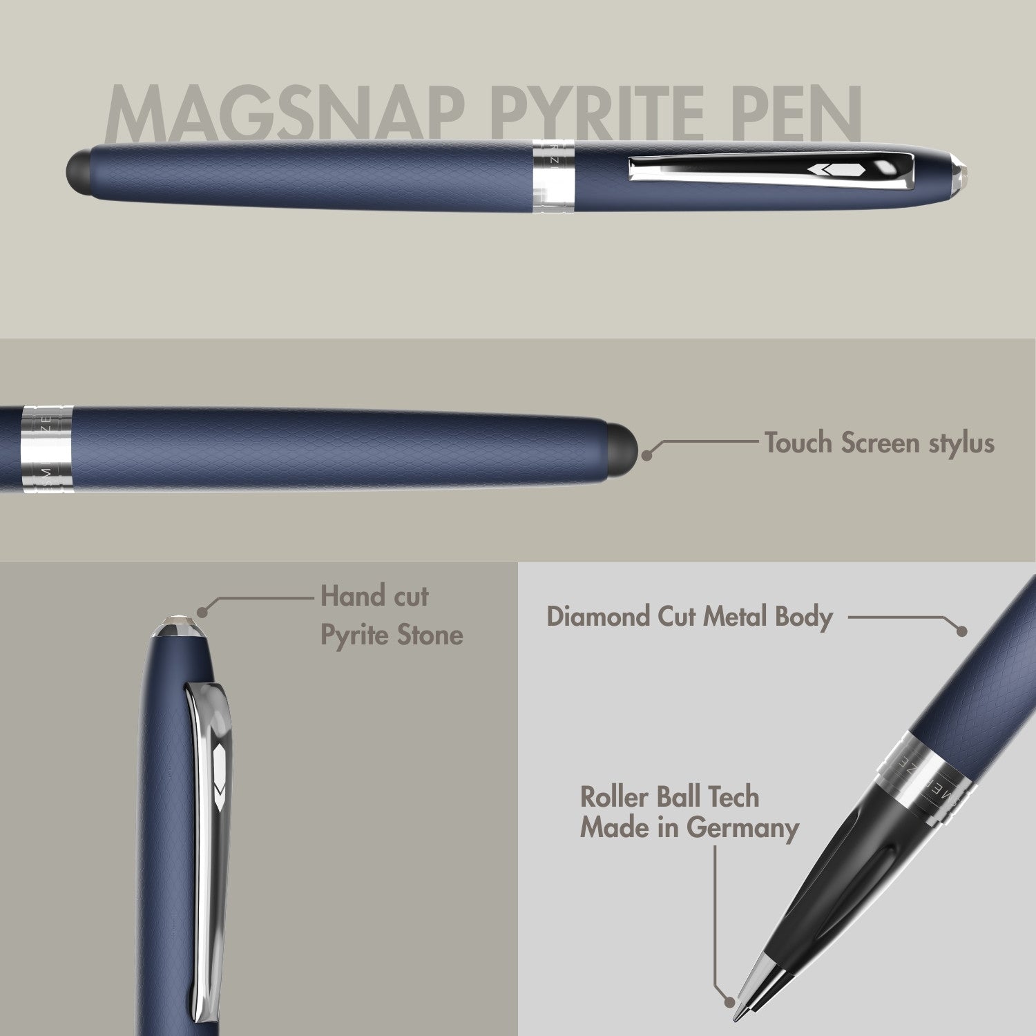 Matte Blue Finish Pyrite 2 in 1 MagSnap Roller Ball Pen with Stylus Personalised