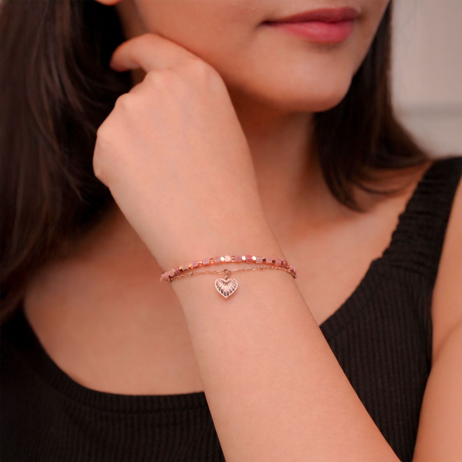 Roselle Layered Rose Gold Bracelet with Rhodochrosite Beads