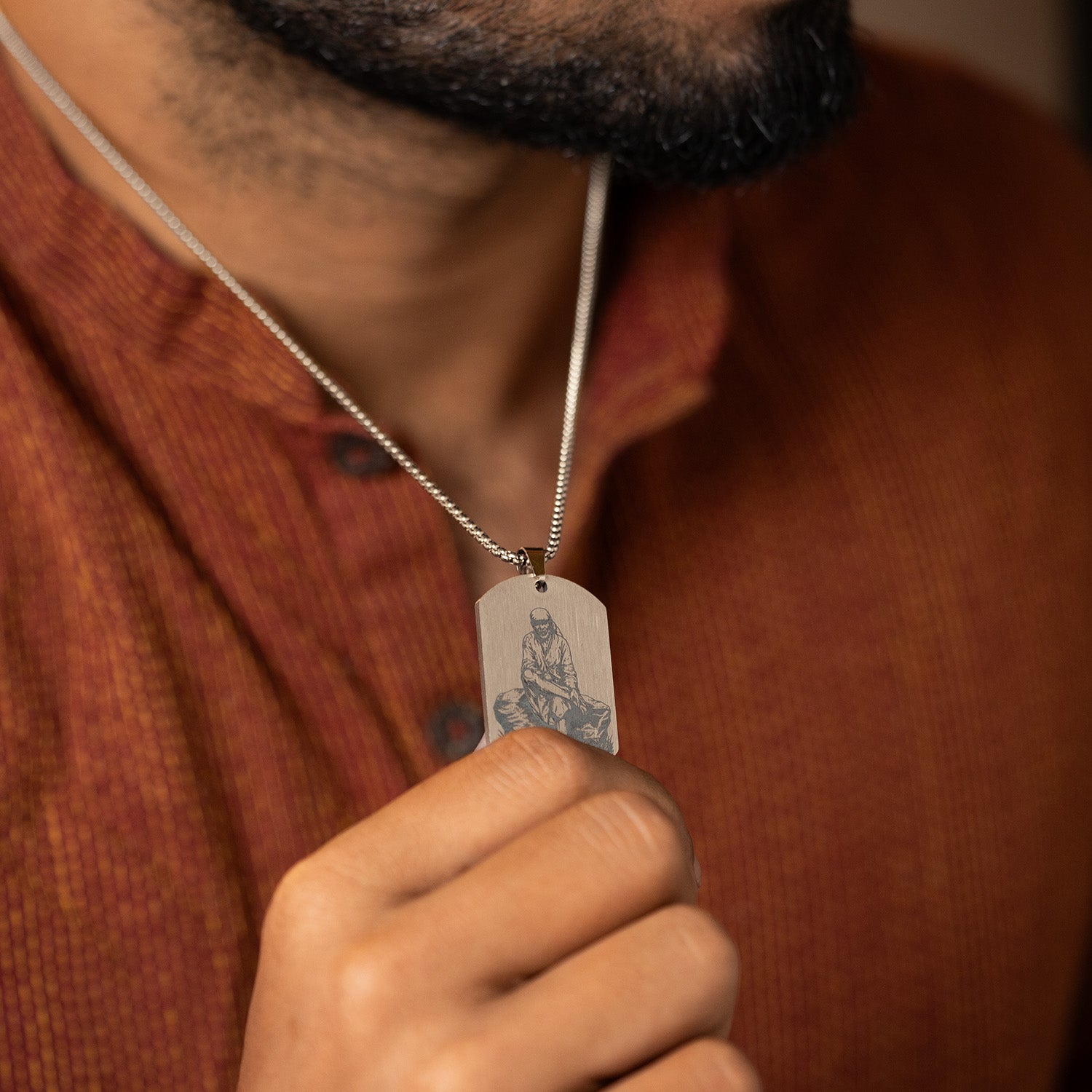 Divine Sai Baba Godform Tag Necklace Silver