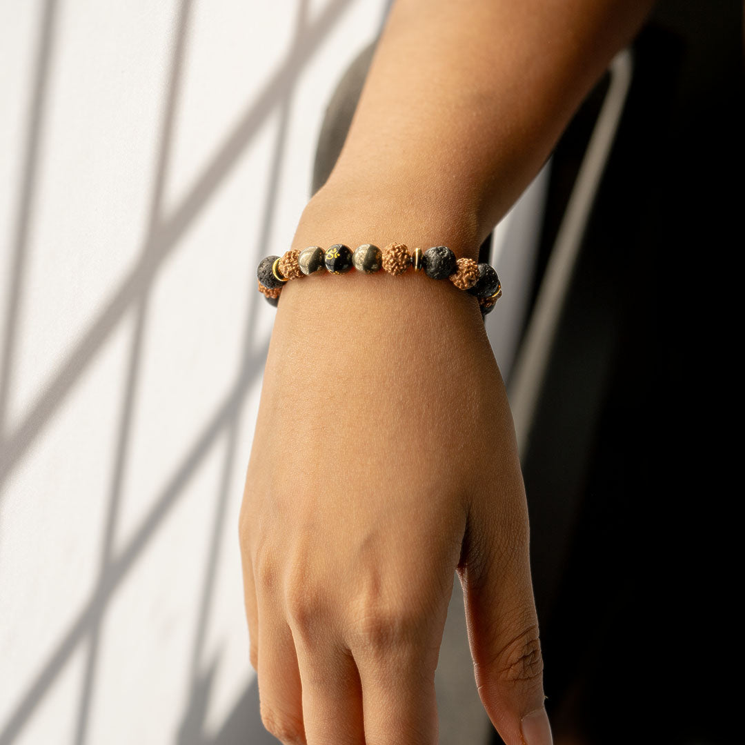 Spiritual Rudraksh Natural Stone Pyrite Om Elastic Bracelet