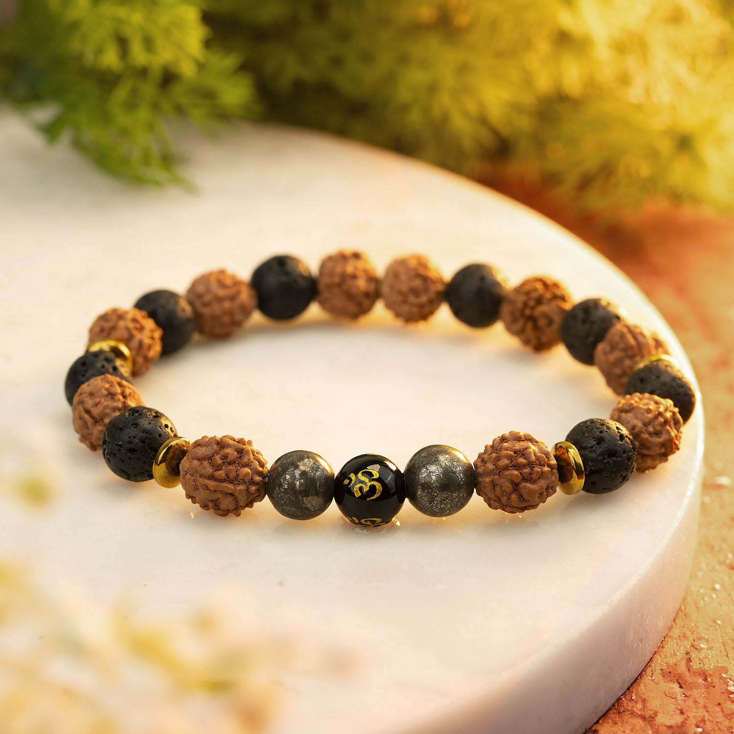 Spiritual Rudraksh Natural Stone Pyrite Om Elastic Bracelet