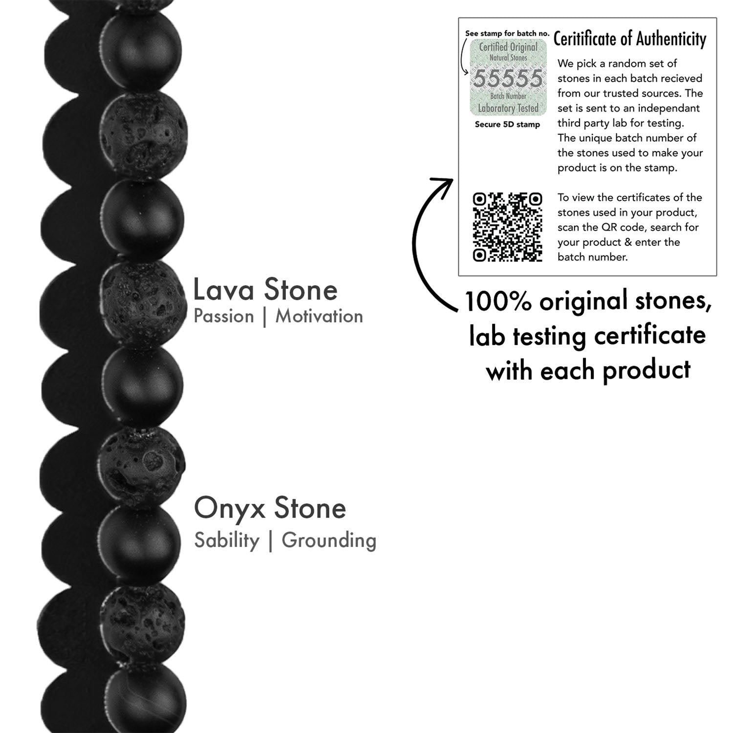 Natural Stone Jewellery Stealth Matte Black Onyx and Lava Natural Stone Elastic Bracelet