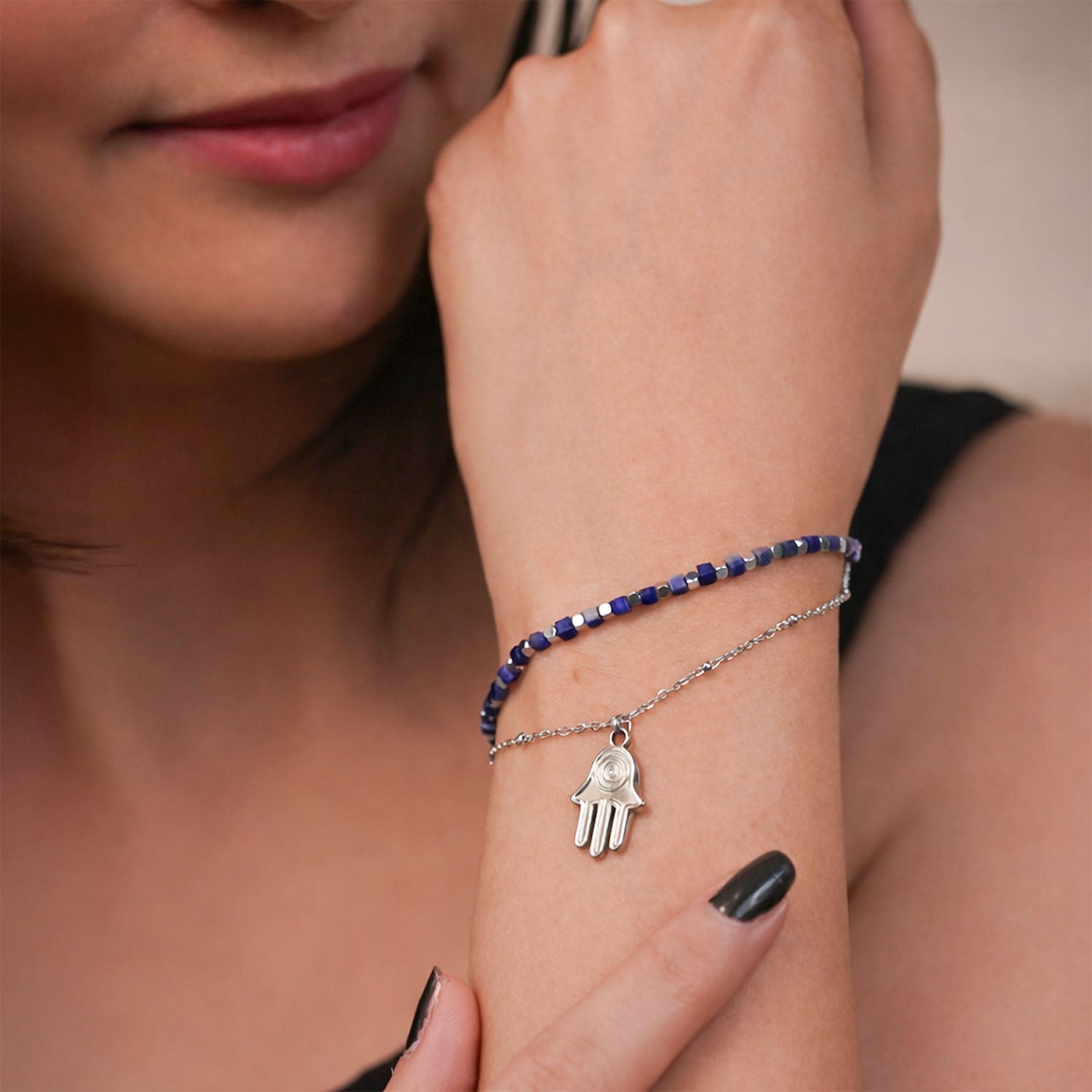 Zaria Layered Silver Bracelet with Lapis Lazuli Beads