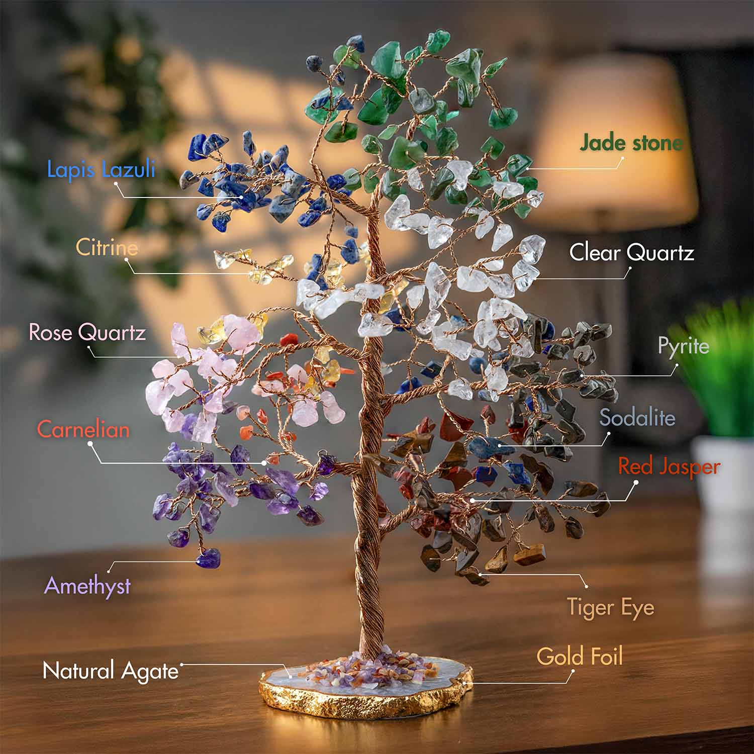 11 Chakra Natural Stone Tree With White Agate Base