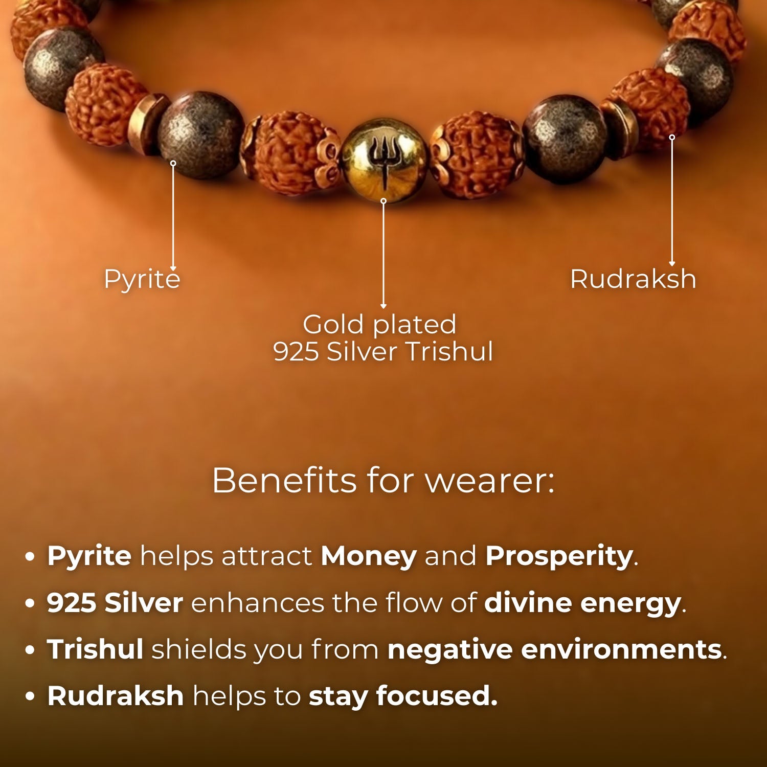 925 Sterling Silver Spiritual Trishul Pyite Natural Stone Bracelet with MagSnap2