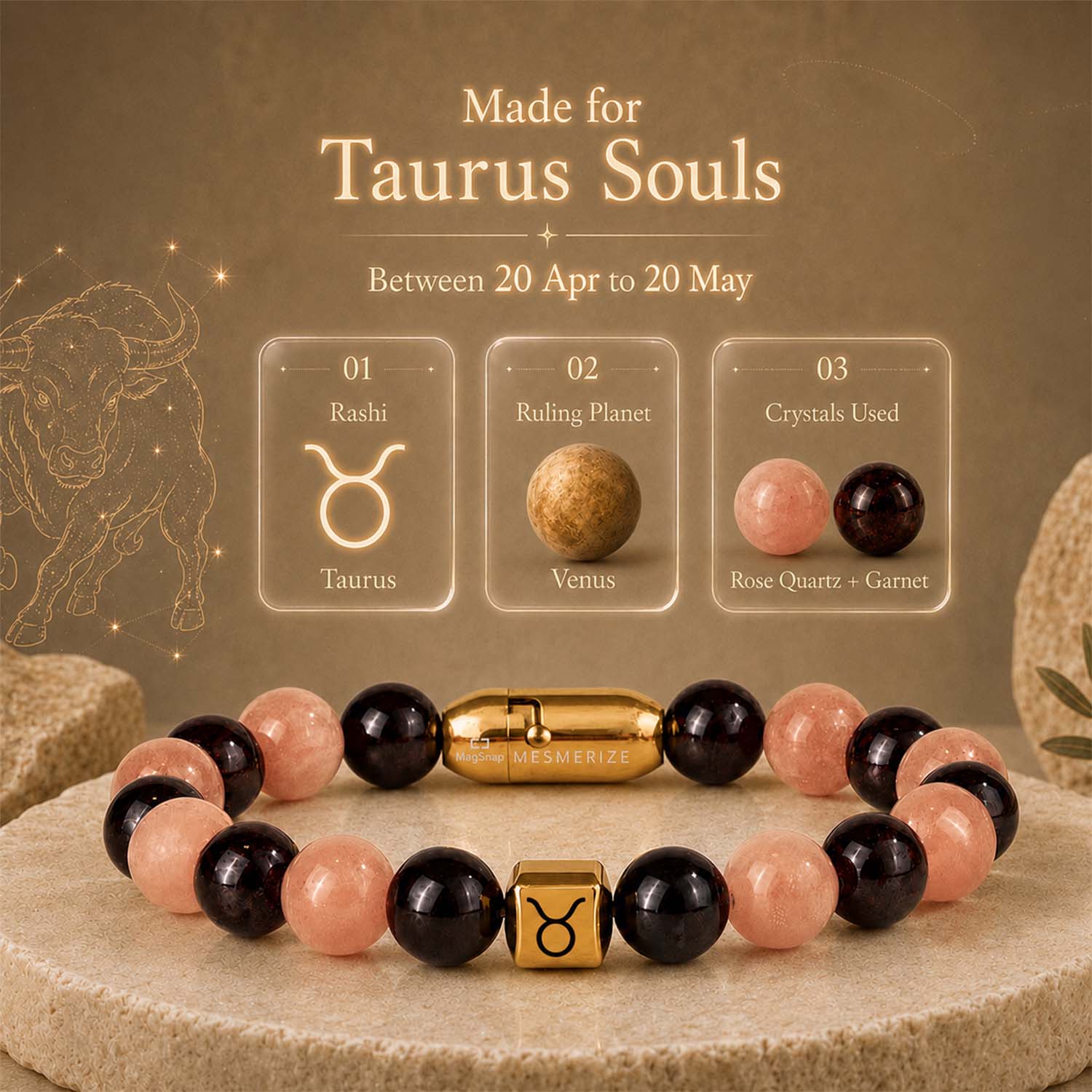 Taurus (Vrishabh) Zodiac Stone Bracelet with MagSnap 4
