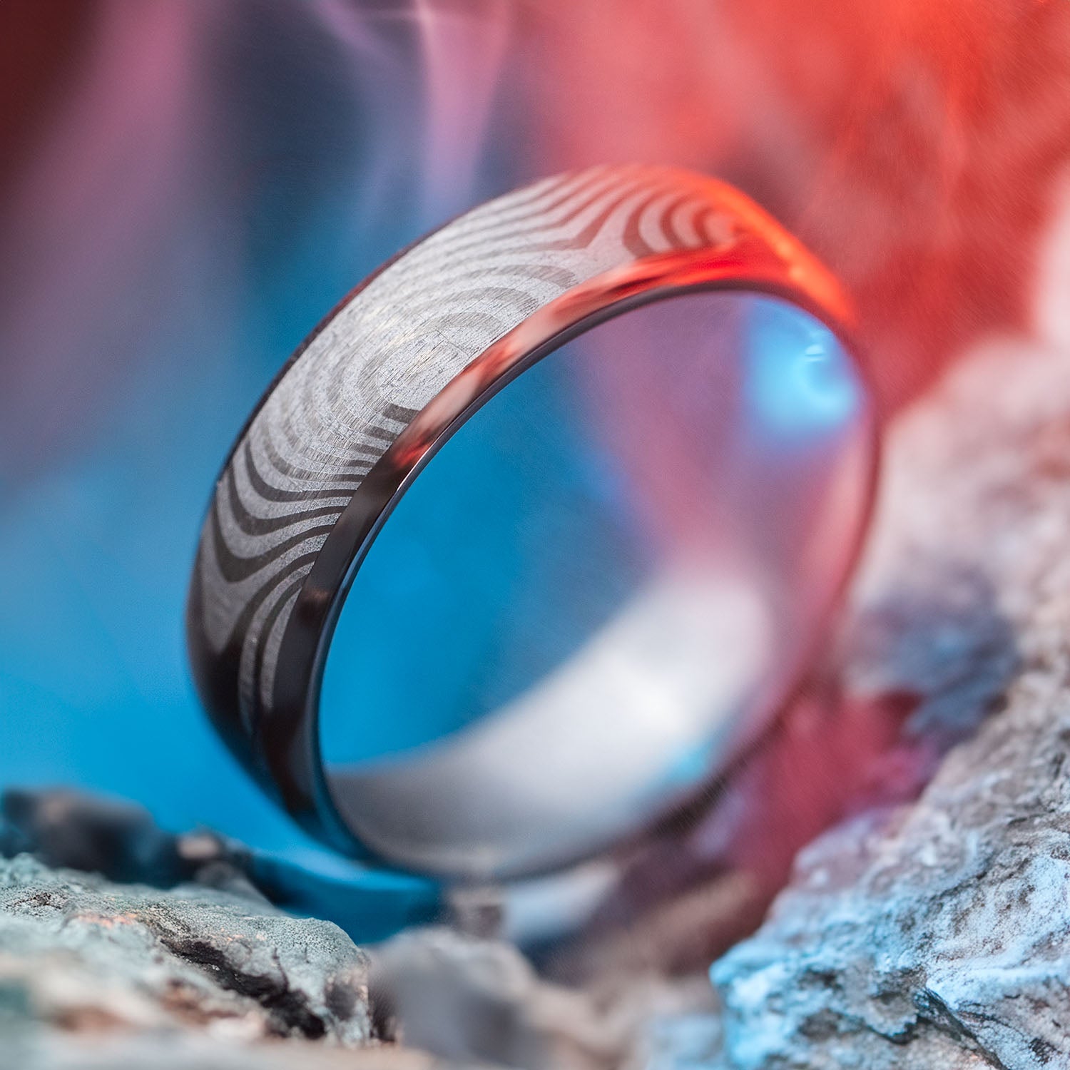 Damascus Silver Beveled Ring