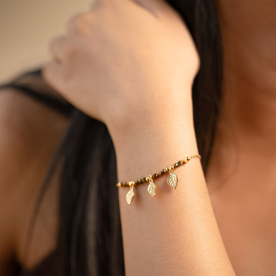 Ira Dainty Leaf Drop Gold Adjustable Bracelet with Tiger Eye