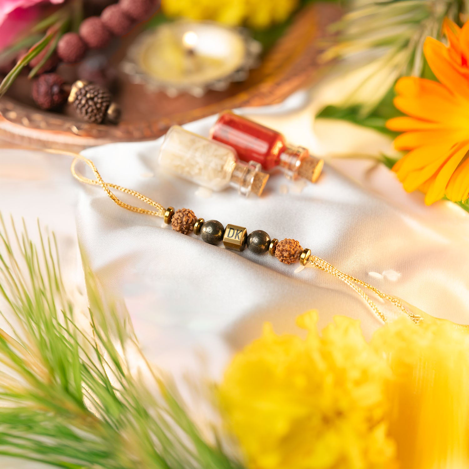 Personalised Rudraksh Rakhi & Pen + Brownie + Almond Brittle + Raspberry Chocolate