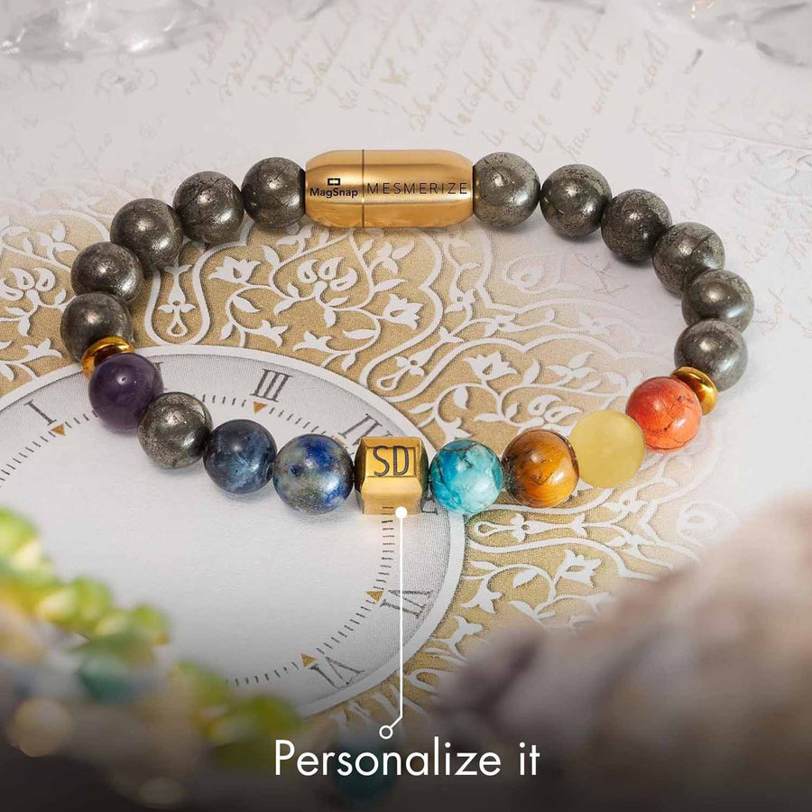 Personalised Money Magnet Pyrite 9 Chakra Natural Stone Bracelet With Magsnap