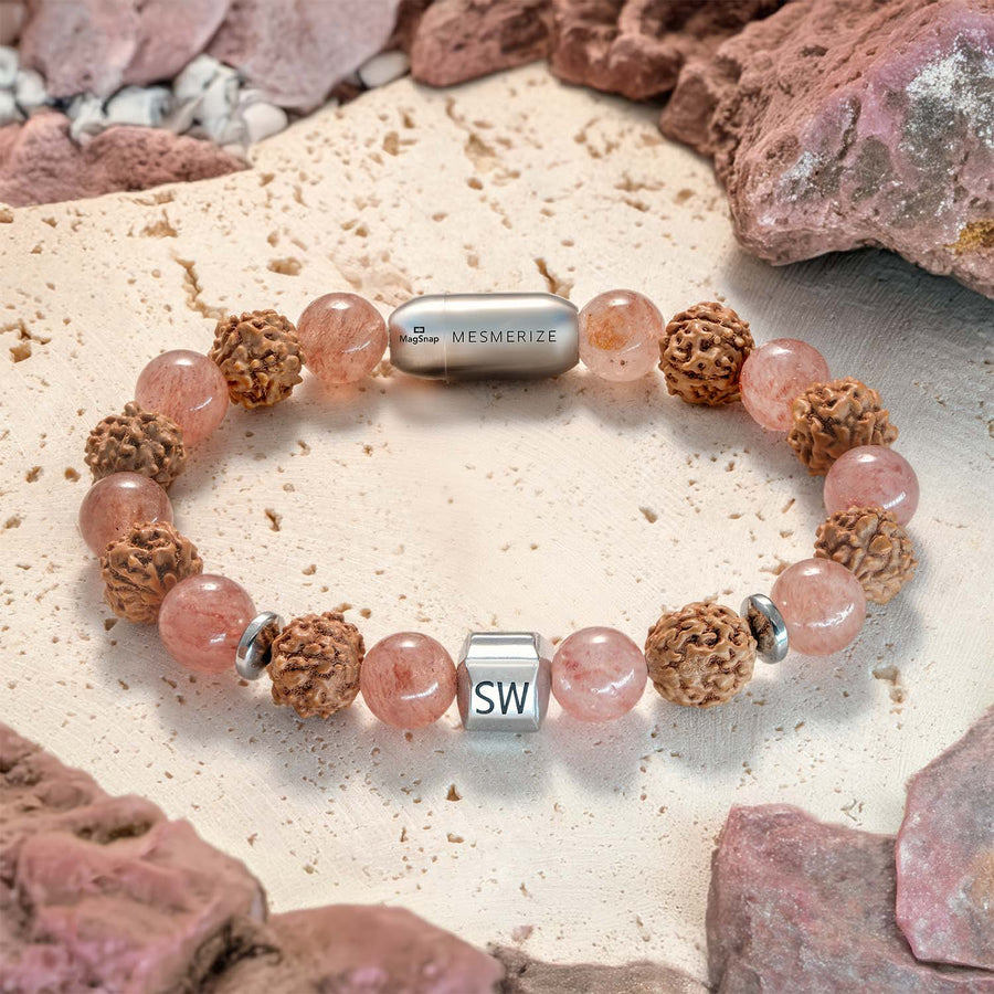 Personalised Serenity Strawberry Quartz & Rudraksh Natural Stone Bracelet