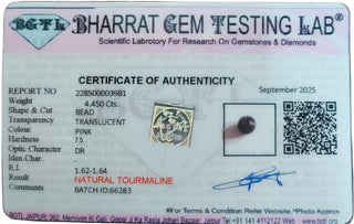 Pink Tourmaline lab certificate 4