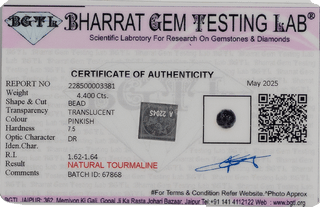 Pink Tourmaline lab certificate 1