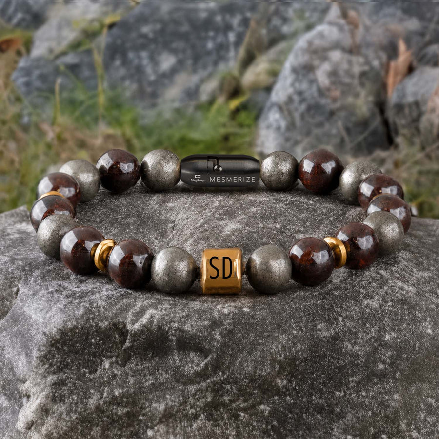 Personalised Abundance Magnet Garnet & Pyrite Natural Stone Bracelet