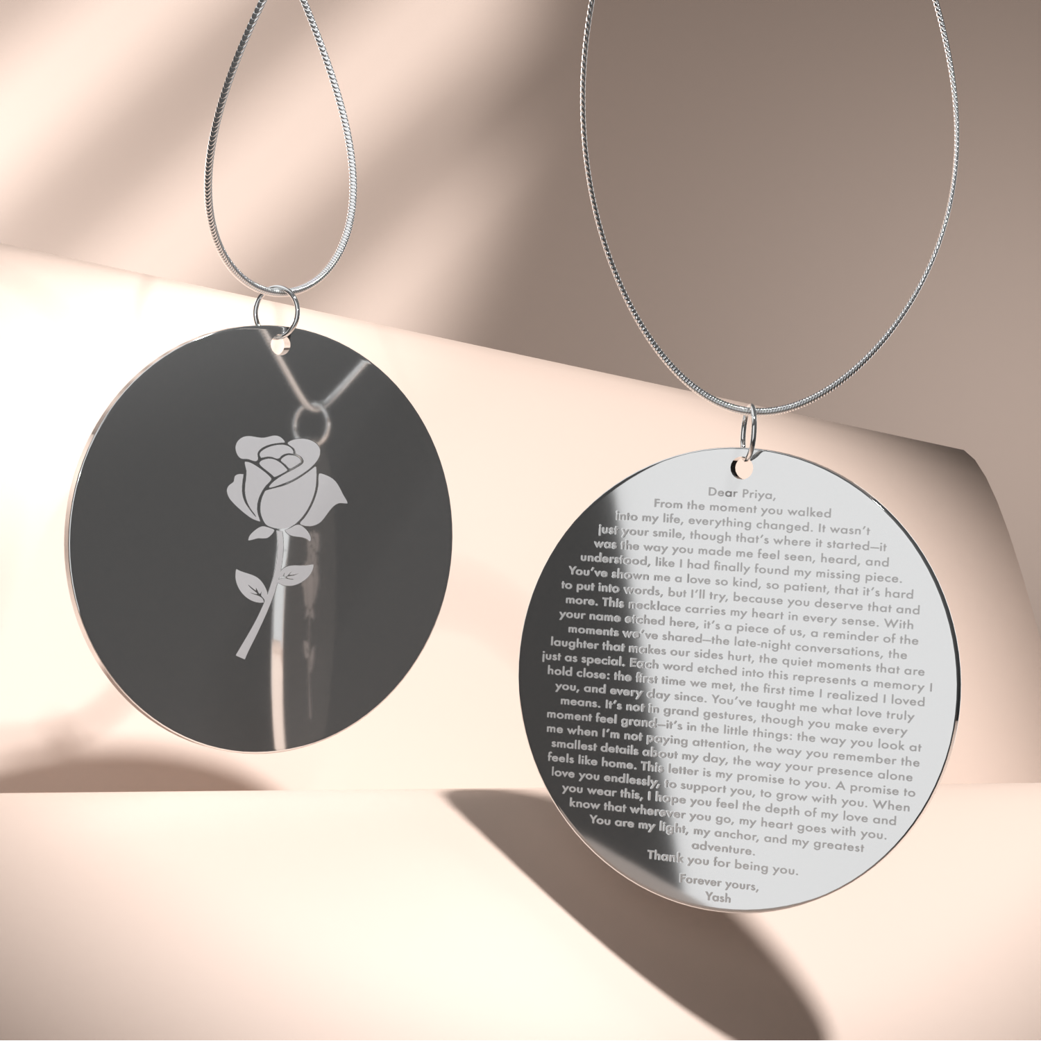 Personalised Rose Love Letter MicroCarved Circle Necklace Silver