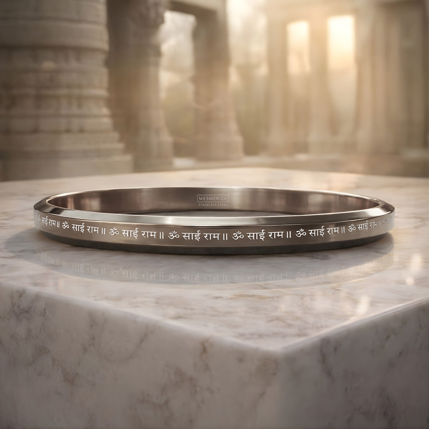 Om Sai Ram MicroCarved Round Flat Kada Silver