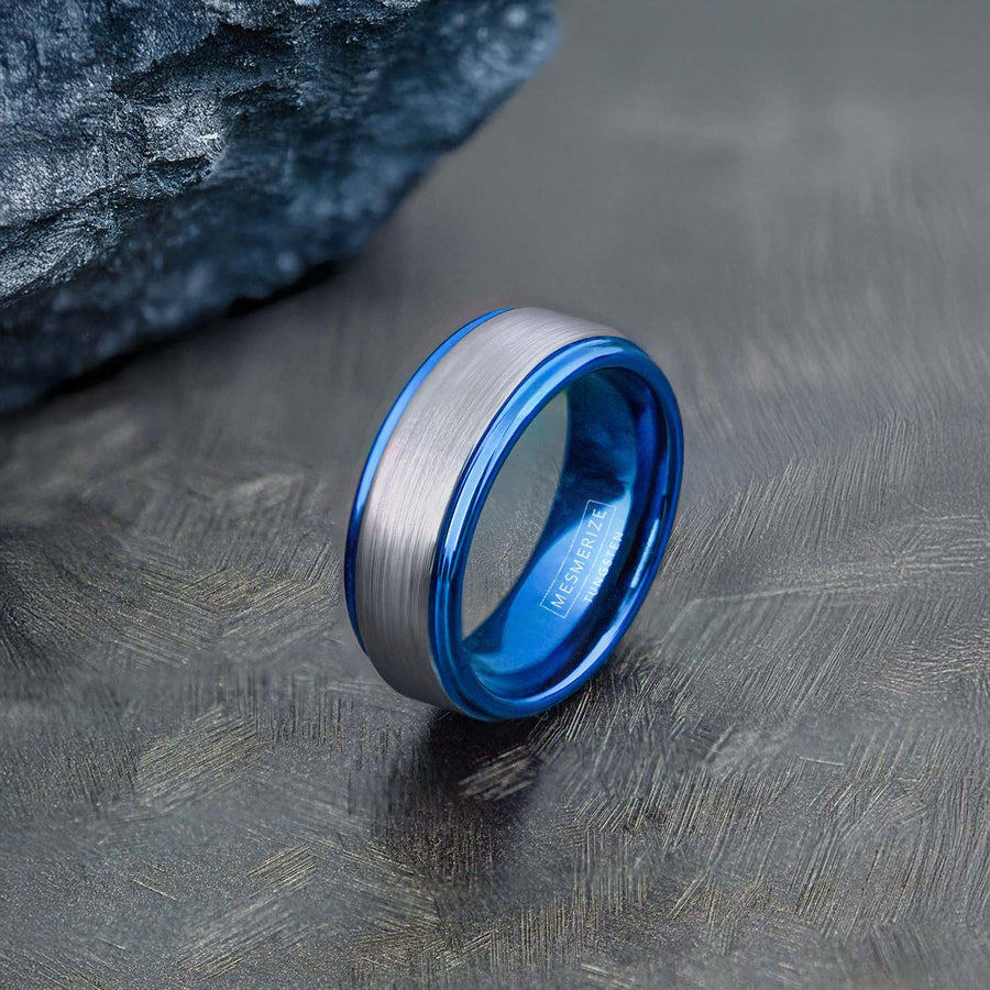 Gunmetal Brushed Blue Tungsten Carbide Ring